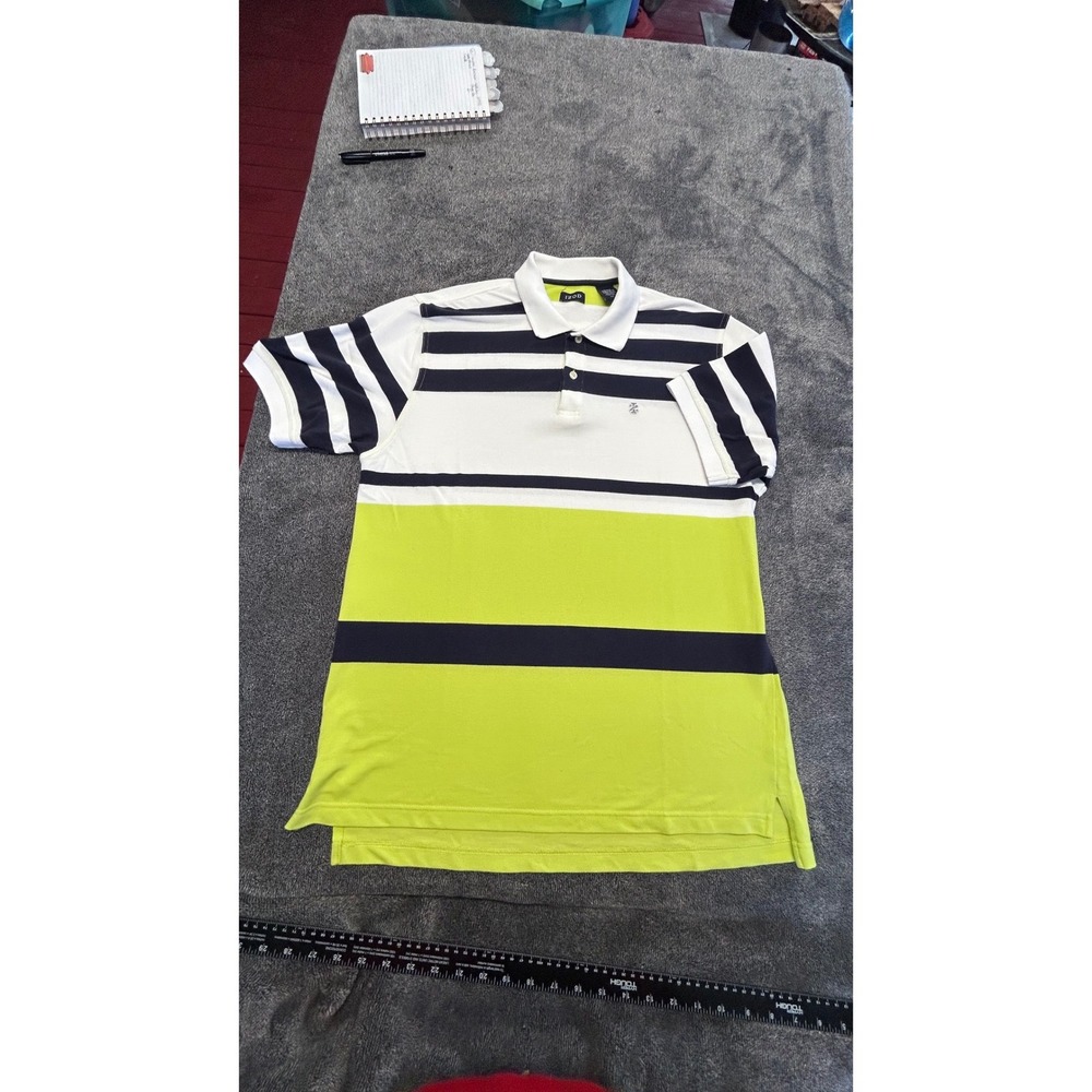 IZOD Mens Large Polo Shirt Short Sleeve Striped Lime Green White Navy Blue